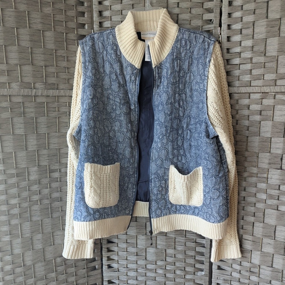 Mixed Media Jacket Blue Quilted Floral Cream Cable Knit 1X Cottagecore Boho EUC